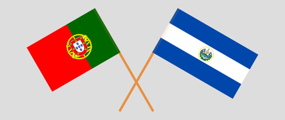 Crossed flags of Portugal and El Salvador. Official colors. Correct proportion