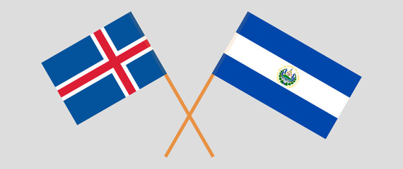 Crossed flags of Iceland and El Salvador. Official colors. Correct proportion