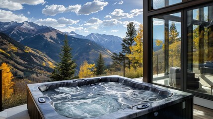 Bubbling hot tub with a view of a vibrant wildflower meadow and majestic mountain range under a blue sky with fluffy clouds.