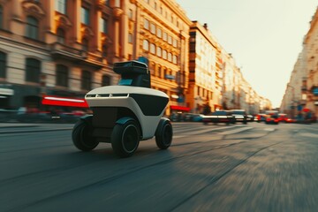 Delivery bot riding fast on a city street. Concept of delivery service automation, high technologies, future of the robots in life of humans.