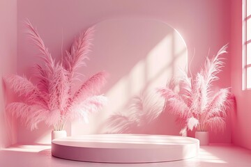 Minimalist Pink Podium with Soft Feather Accents for Product Display, 3D Rendering - obrazy, fototapety, plakaty