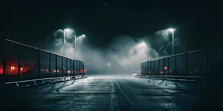 Midnight road or alley with car headlights pointed this way. Wet, hazy asphalt road with construction metal fences on both sides. drag race, crime, midnight activity concept. 4K Video