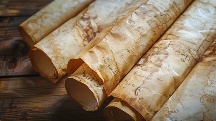 Here is a brief description of the image:  This image is of four old rolled up maps on a wooden...