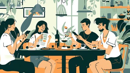 A group of friends are sitting around a table in a restaurant. They are all looking at their phones except for one person who is reading a newspaper.