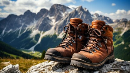 Exploring the wilderness hiker in macro boots trekking through mountainous landscape