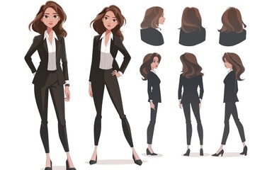 Fototapeta premium A woman in a formal suit. Set of different poses and emotions. Cartoon style illustration