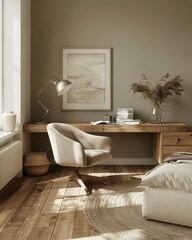 A small office space with a wooden desk and chair, a framed picture