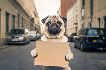 A dog with an empty sign sits on an empty city street. Template with animal and empty space for...