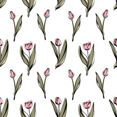 Seamless pattern with spring and summer colors. Sketch-style tulip pattern, hand-drawn on white background for unique packaging designs and flower shops.