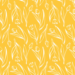 Fototapeta na wymiar Seamless pattern with spring and summer colors. Sketch-style tulip pattern, hand-drawn on yellow background for unique packaging designs and flower shops.