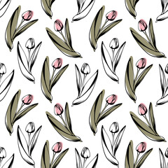 Seamless pattern with spring and summer colors. Sketch-style tulip pattern, hand-drawn on white background for unique packaging designs and flower shops.