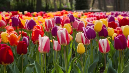 Blooming colorful tulips flowerbed in public garden, Lisse, Netherlands - obrazy, fototapety, plakaty