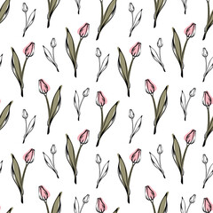 Seamless pattern with spring and summer colors. Sketch-style tulip pattern, hand-drawn on white background for unique packaging designs and flower shops.