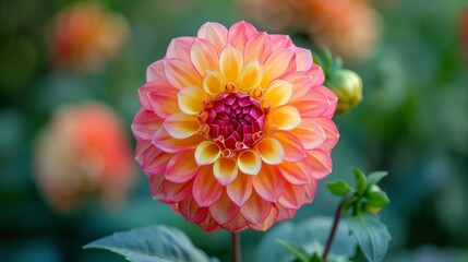 Closeup of a vibrant pink and yellow dahlia flower in a garden