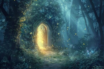 Mystical portal in enchanted forest, fantasy landscape with magical light, digital painting