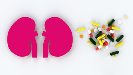 Assorted medical pills and human lungs with white background in conceptual format. Showing the lungs consuming too much of medicine. 3D rendering.