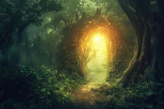 Mystical portal in enchanted forest, fantasy landscape with magical light, digital painting
