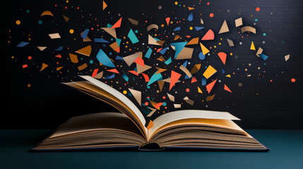 A book is open to a page with a lot of colorful shapes falling out of it. The scene is chaotic and disordered, with the shapes scattered all over the page. The book appears to be a children's book - obrazy, fototapety, plakaty