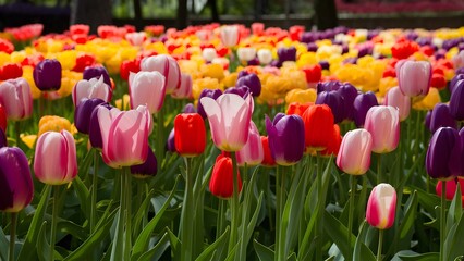 Blooming colorful tulips flowerbed in public garden, Lisse, Netherlands - obrazy, fototapety, plakaty