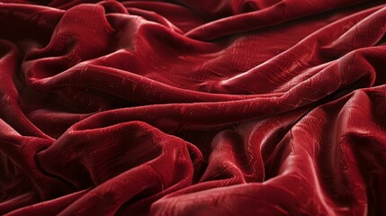 Red velvet fabric with soft folds. The folds of the fabric are smooth and flowing, creating a luxurious look. - obrazy, fototapety, plakaty