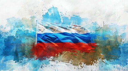 A beautiful watercolor painting of the Russian flag. The flag is blowing in the wind and the colors are vibrant and bright.