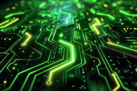 Neon Green Circuit Board Paths, Futuristic Digital Technology Background with Glowing Lines