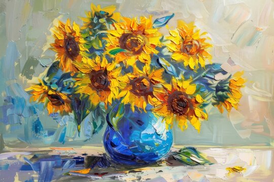 Oil Painting of Sunflowers in Vase, Vibrant Yellow Flowers Still Life, Impressionist Art