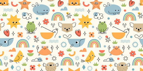 Vector seamless pattern of animals in cute playful geometric style. Baby kids pastel pattern design. - 767096922