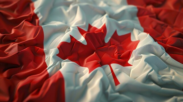 A flag of Canada with a red maple leaf in the center. The flag is blowing in the wind. The image is taken from a low angle.