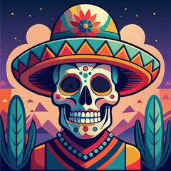 Mexican poster with sugar skull and sombrero for festival dia de los muertos. Mexico background, festive backdrop. Vector illustration of a smiling skull with traditional mexican sombrero