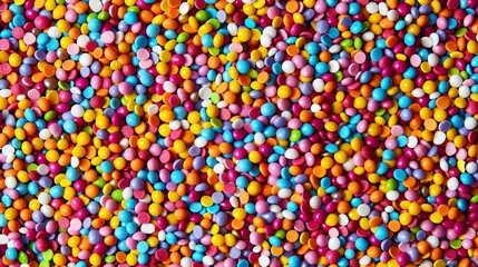 Colorful candy sprinkles background. Close up of many different colored round sugar coated chocolate candies. Directly above. - obrazy, fototapety, plakaty