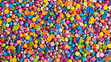 Fototapeta na wymiar Colorful candy sprinkles background. Close up of many different colored round sugar coated chocolate candies. Directly above.