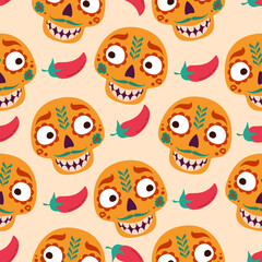 Dead day Sugar scary skull dia de los muertos. Mexico cartoon totem. vector seamless pattern
