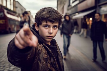 10years old boy pointing his finger at the camera in an accusation gesture with his hand palm. Concept of protest. Protest against abuse, violation. - obrazy, fototapety, plakaty