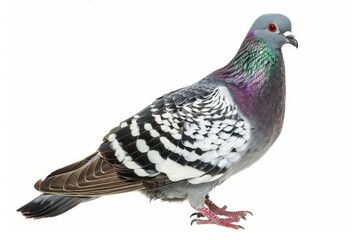 Pigeon Perched on White, Isolated Bird Portrait with Detailed Feathers and Soft Lighting