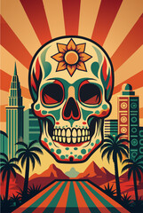Mexican poster with sugar skull for festival dia de los muertos Mexico background festive backdrop. Colorful sugar skull with urban skyline background, celebrating day of the dead