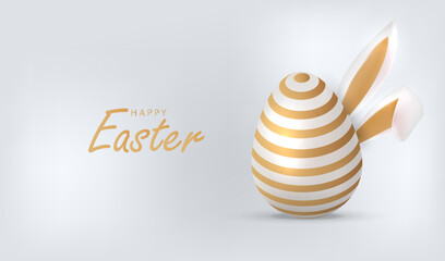 Happy Easter card vector with egg in gold lines pattern and bunny ears. Holiday banner background. - 767097558