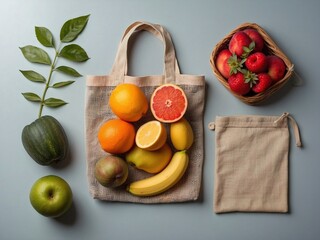 Reusable bags with fresh fruits and vegetables isolated on light gray background, eco-friendly, space for text. Healthy foods or zero waste concept