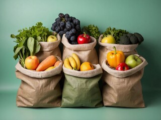 Reusable bags with fresh fruits and vegetables isolated on green background, eco-friendly, space for text. Healthy foods or zero waste concept	