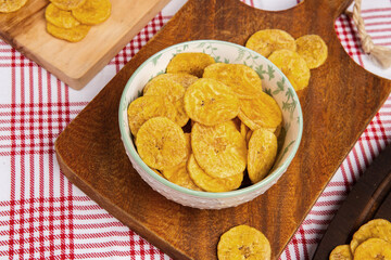 Green banana chips overhead view