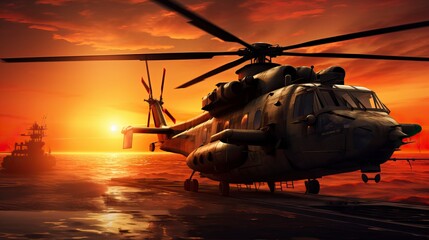 Military helicopter on warship board at sunset