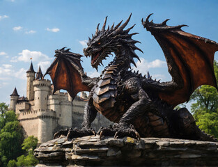 Detailed fantasy dragon against the background of the ancient castle