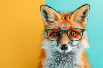 Stylish Fox Portrait with Glasses on Colorful Background, Creative Animal Concept - obrazy, fototapety, plakaty
