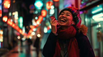 Fototapeta na wymiar Mulher japonesa sorrindo usando seu celular nas ruas com luzes desfocadas ao fundo