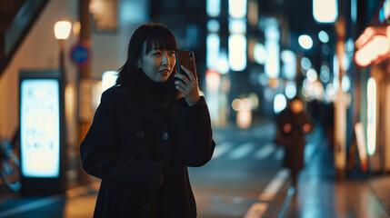 Mulher japonesa com roupas pretas conversando no celular na rua 