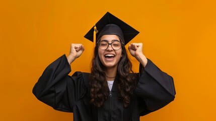 Study, education, university, college, graduate concept on yellow banner. Happy and excited portrait of young woman blond student girl in hat of graduation isolated