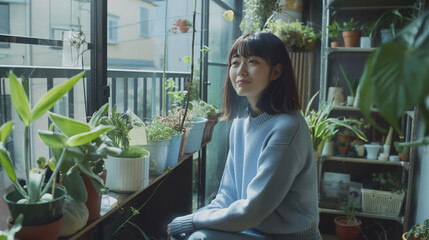 Mulher japonesa vestindo um sueter azul claro na varanda de sua casa cheia de plantas  - obrazy, fototapety, plakaty