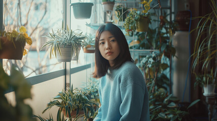 Mulher japonesa vestindo um sueter azul claro na varanda de sua casa cheia de plantas 
