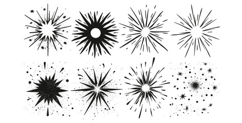 手描きの光線と爆発。落書きブラシの飾り線と驚きのシンボル。太陽のバースト、ショックを受けたフレーム、白い背景に輝くスターバースト要素。ベクトルを設定