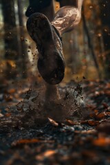 Foot of a trail runner running on a muddy terrain in the forest on a rainy day